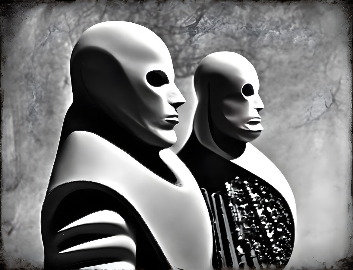 Monochrome humanoid figures in featureless outfits on textured backdrop