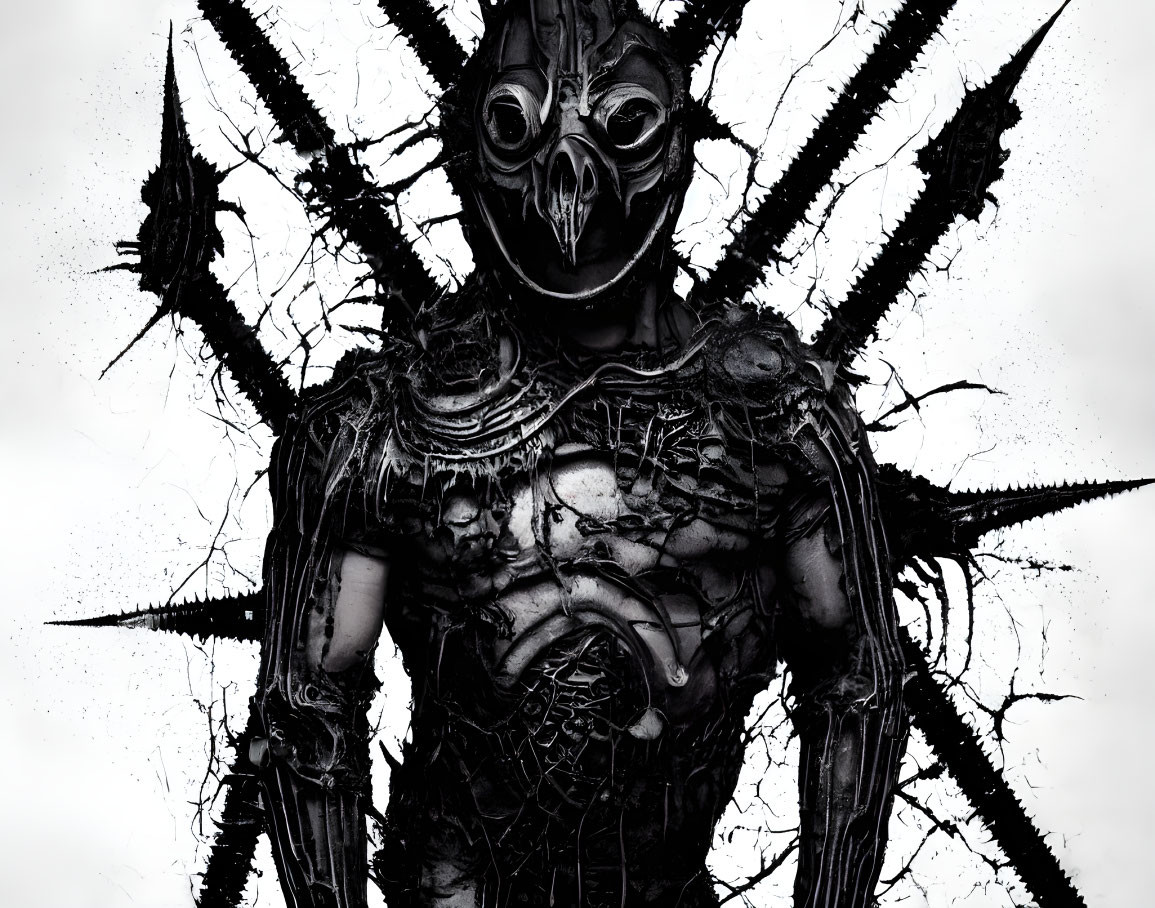 Monochromatic image of person in dark, intricate costume with spiky protrusions and bird-like