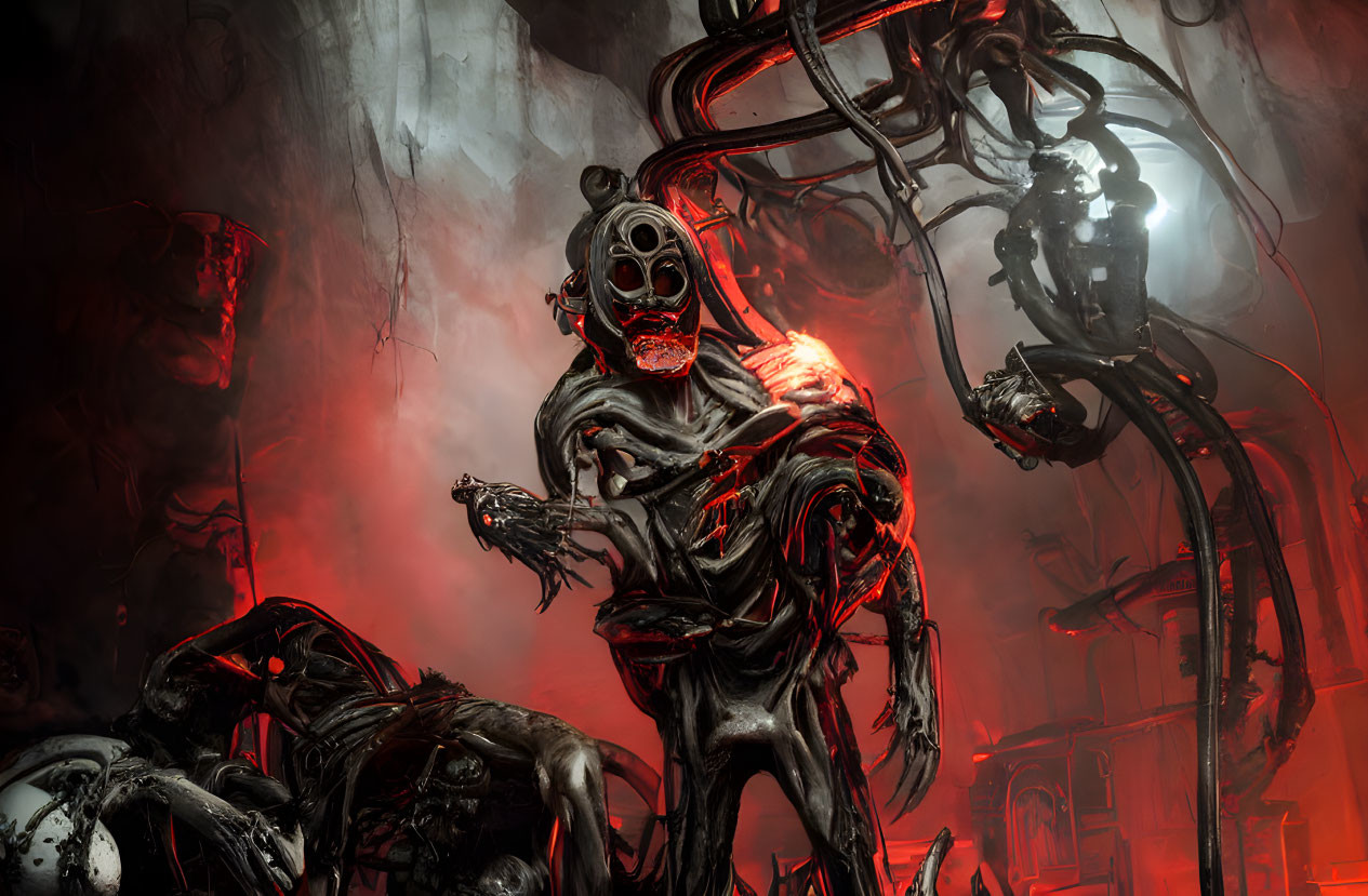 Menacing figure in gas mask with glowing red eyes in dystopian setting