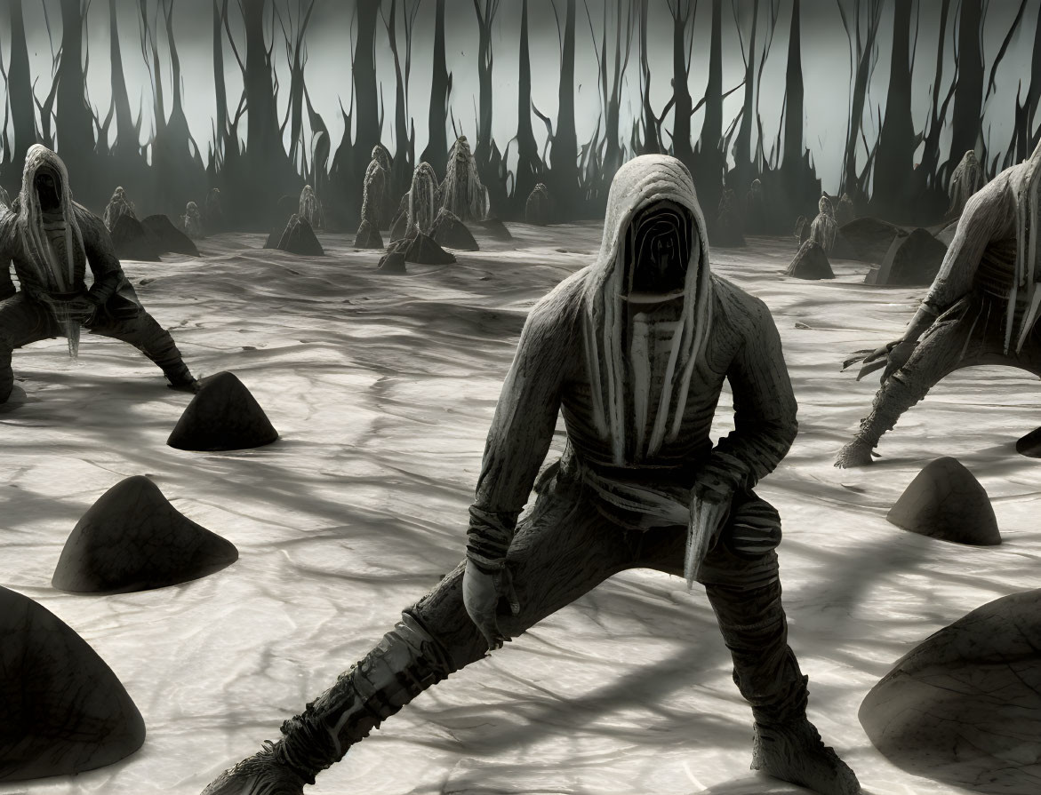 Monochrome scene of humanoid figures in cloaks in desolate landscape