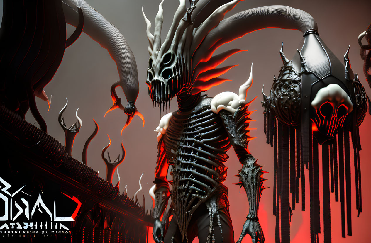 Skeletal dragon creature with spiky armor on red backdrop