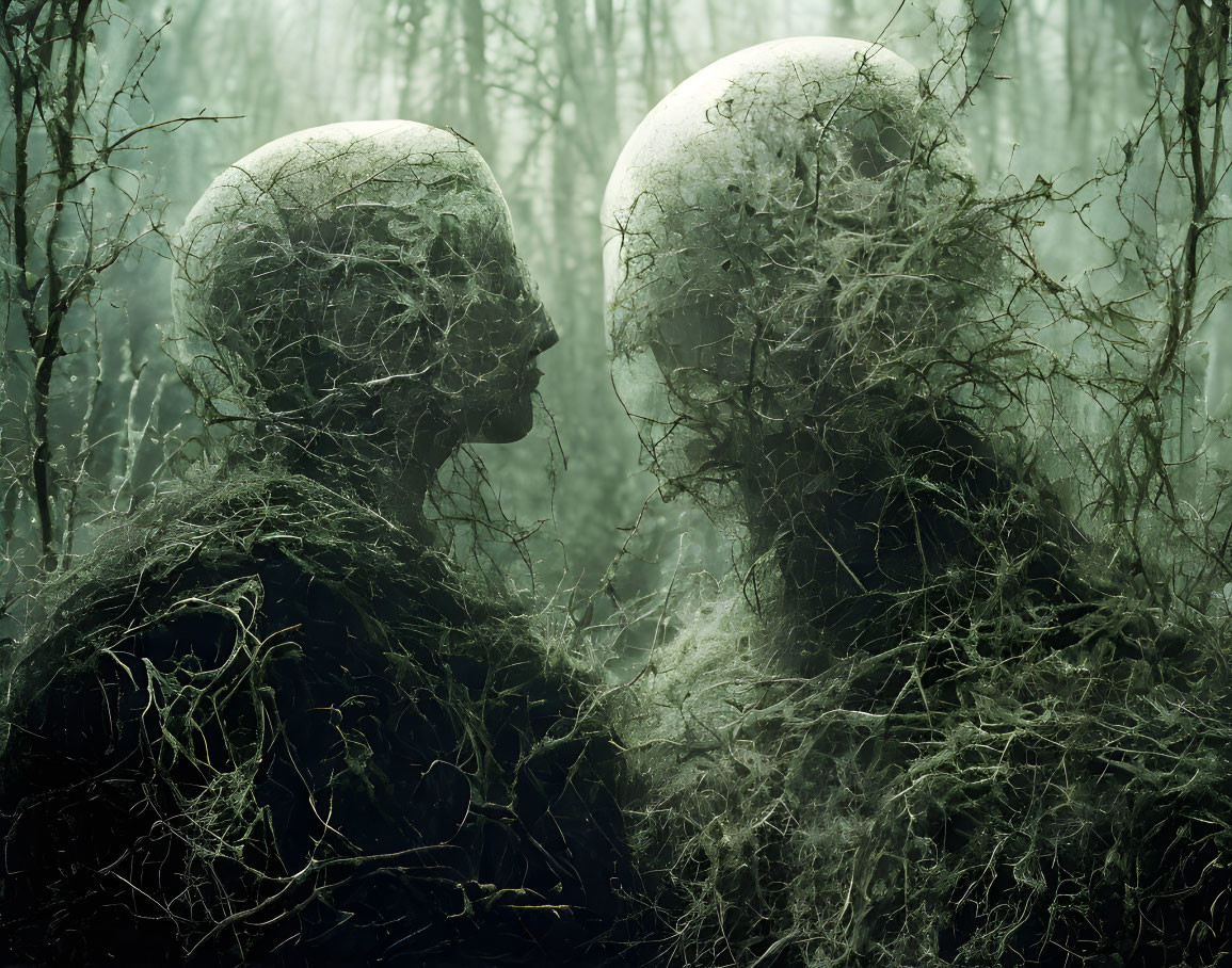 Figures with web-like textures in forested backdrop.