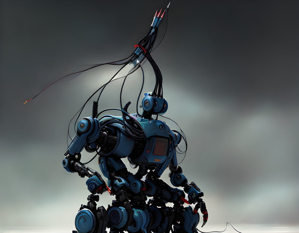 Blue and black complex robot with wires on misty gray backdrop