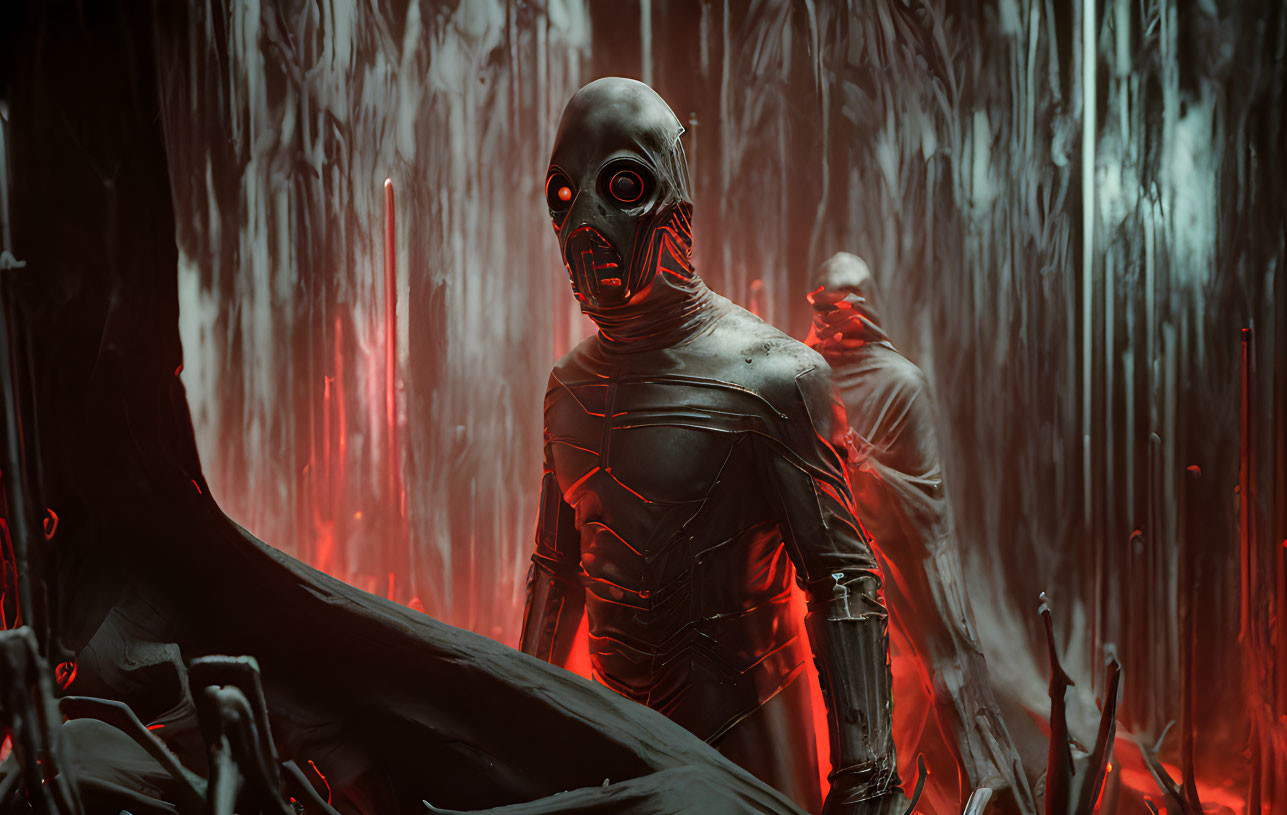 Futuristic humanoid in black suit with red eye sockets in dimly lit setting