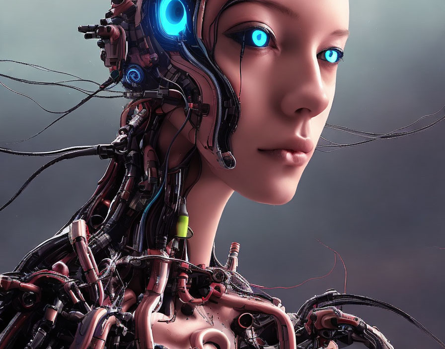 Detailed Female Humanoid Robot with Exposed Mechanical Structure