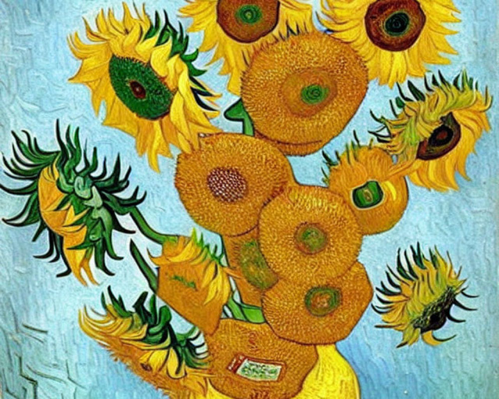 Colorful Sunflower Bouquet Painting on Blue Background