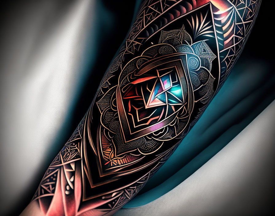 Detailed geometric tattoo with black and shaded patterns on forearm