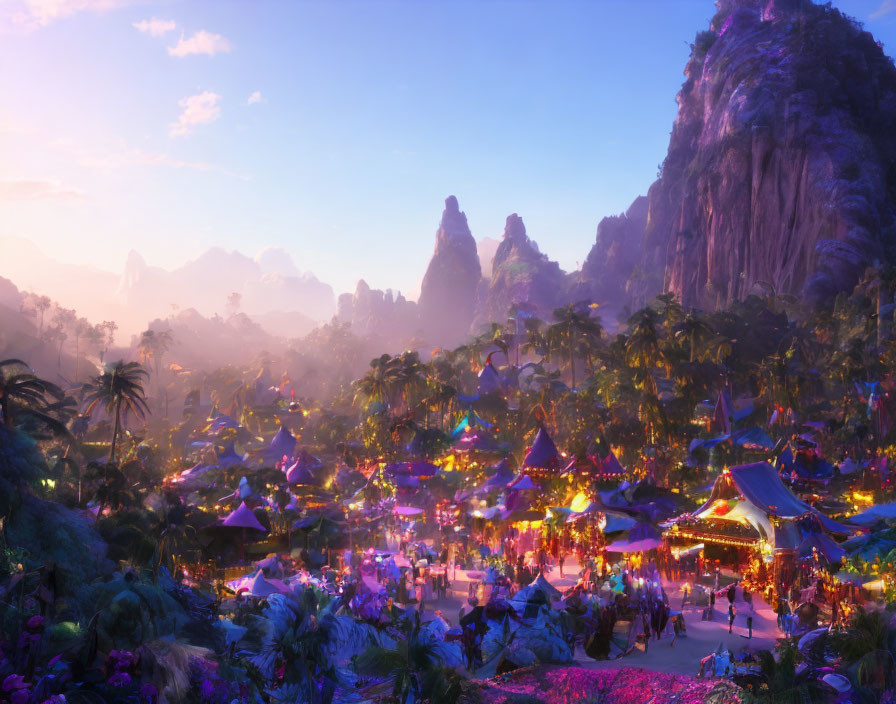 Scenic village with festive lighting in lush mountain setting