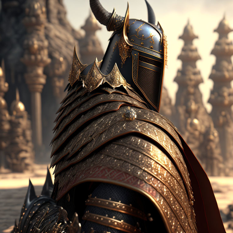 Knight in ornate horned armor against blurred figures and dusky sky