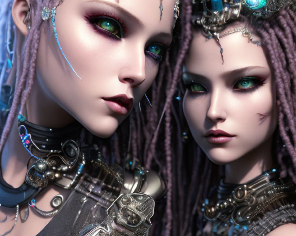 Futuristic female figures with cybernetic enhancements and dreadlocks