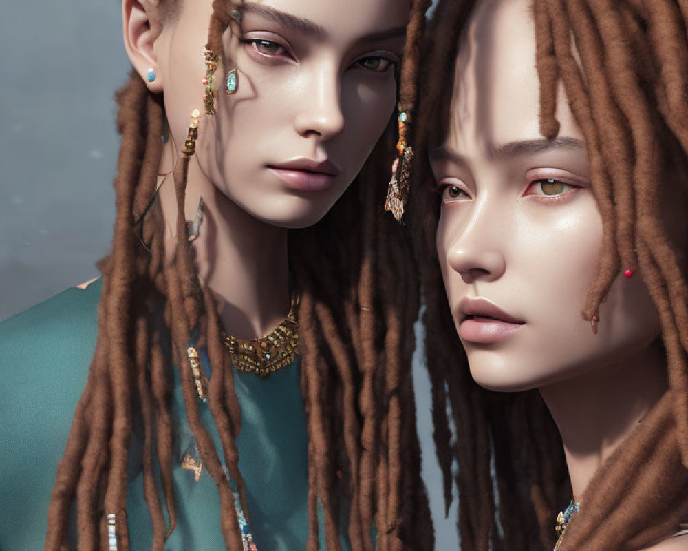 Elaborately styled dreadlocks with beads and jewelry on two people, serious expressions, ornate neck