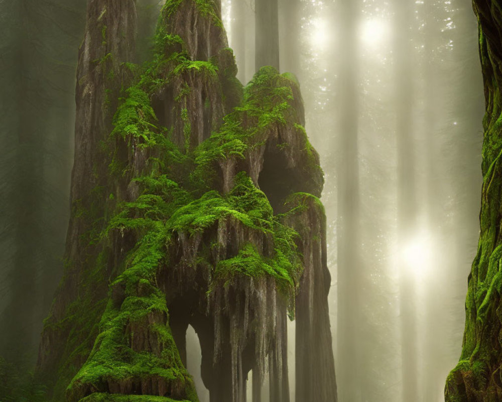 Moss-Covered Trees in Ethereal Forest with Sunbeams