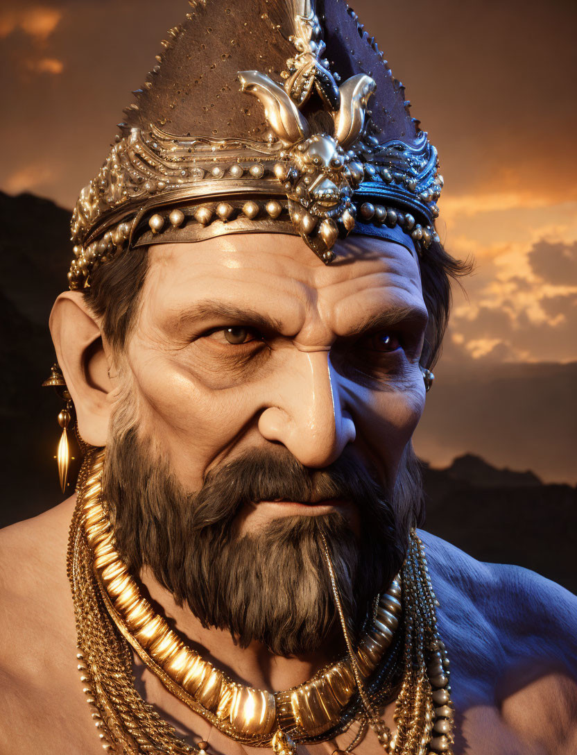 Detailed 3D portrait of stern-looking male character in regal attire against dusky sky