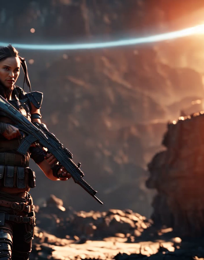 Futuristic warrior woman with weapon on alien terrain with ringed planet.