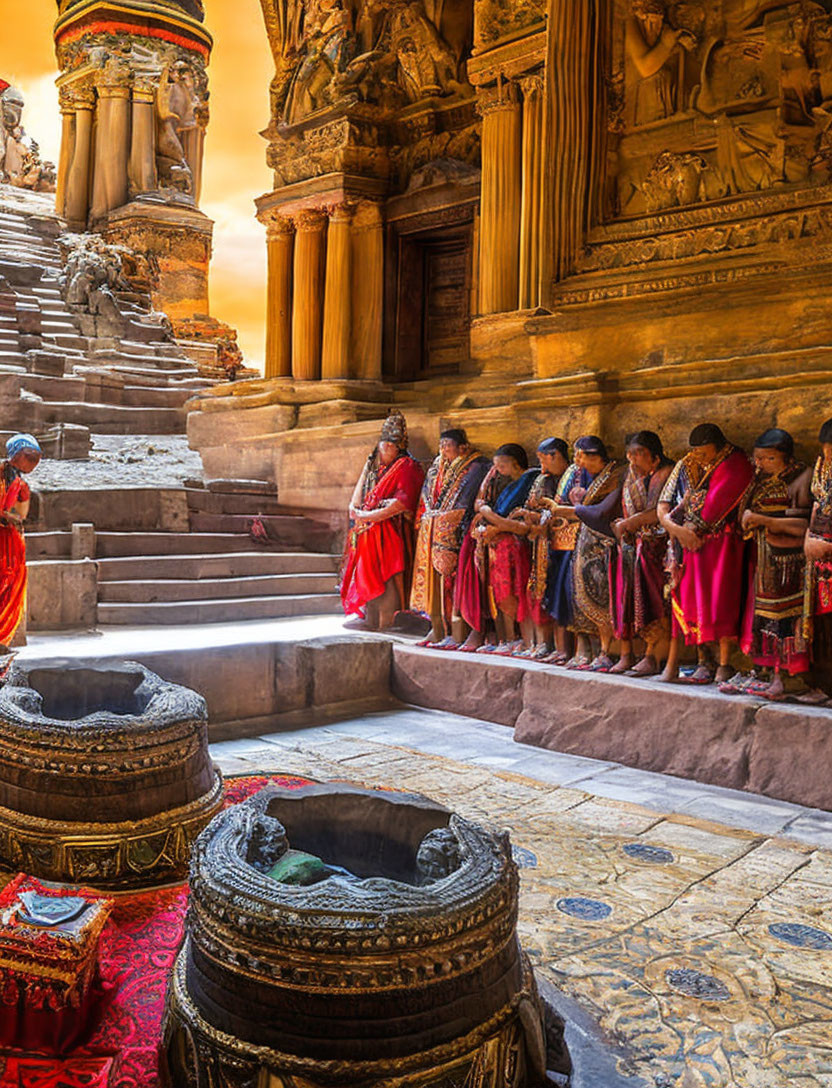 Women in Colorful Saris at Ancient Temple with Stone Pillars