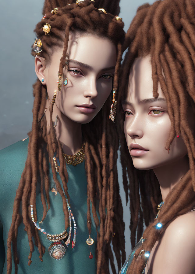 Elaborately styled dreadlocks with beads and jewelry on two people, serious expressions, ornate neck