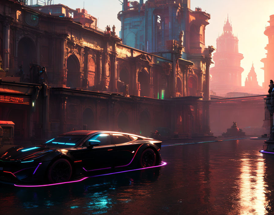 Futuristic black car with neon accents in city with aged buildings at sunset