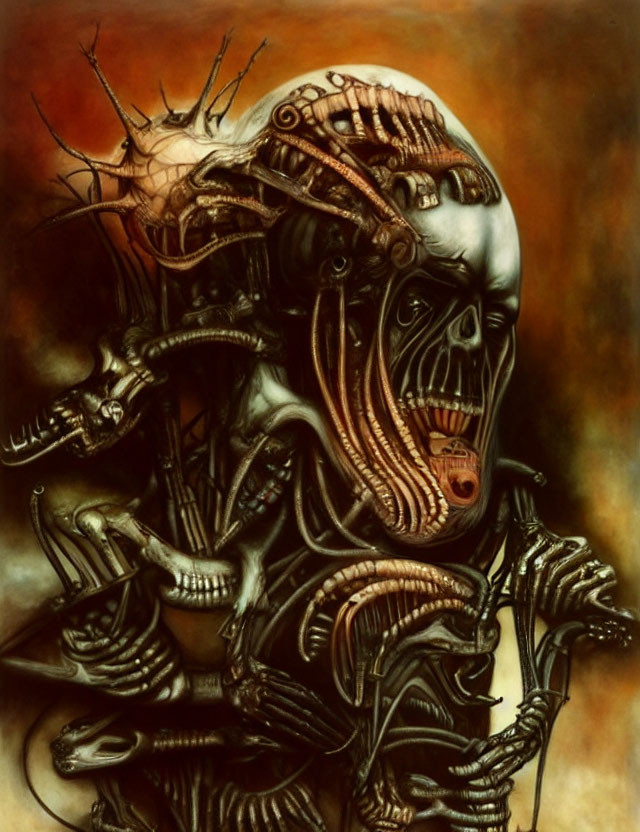 Surreal biomechanical figure with skull-like face on warm background