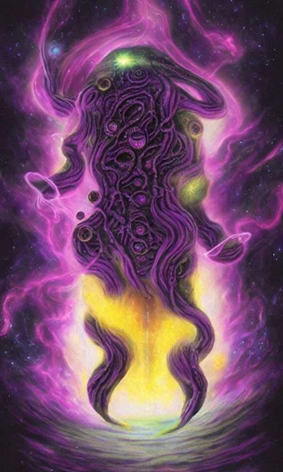 Colorful cosmic entity with tentacles in purple and yellow nebula.