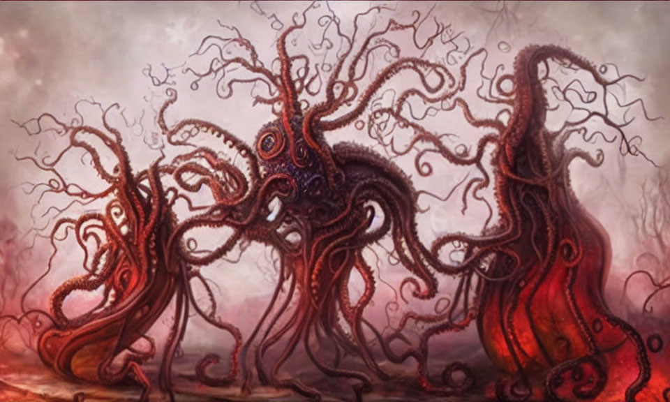 Intertwined tree-like tentacled entities in rich red and brown hues