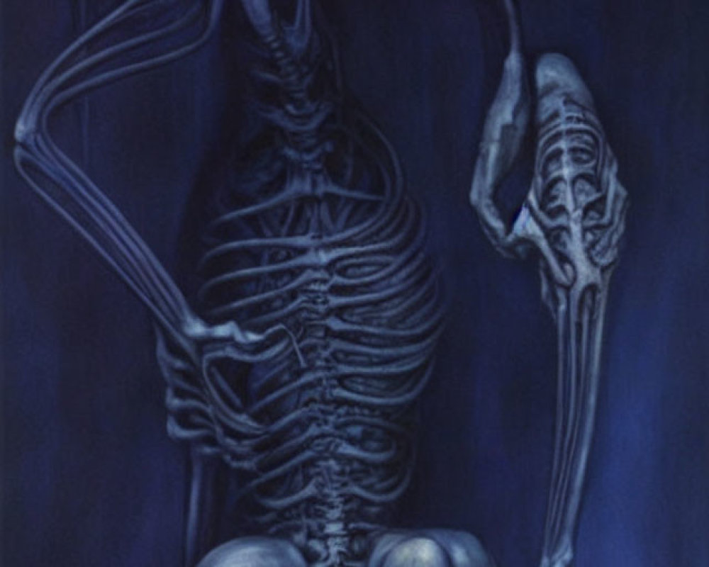 Human skeleton in contemplative pose with skull on deep blue background