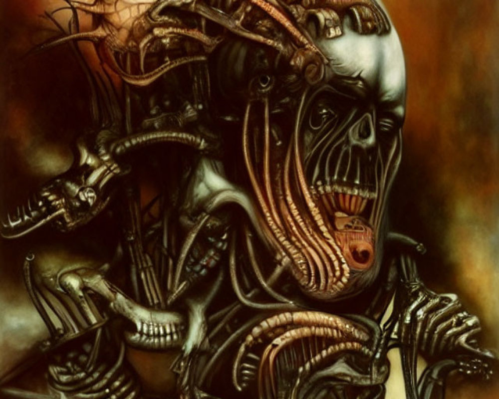 Surreal biomechanical figure with skull-like face on warm background