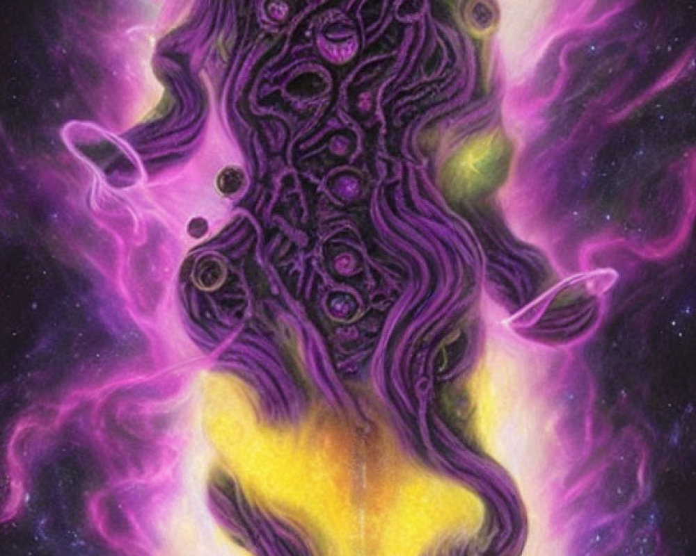 Colorful cosmic entity with tentacles in purple and yellow nebula.