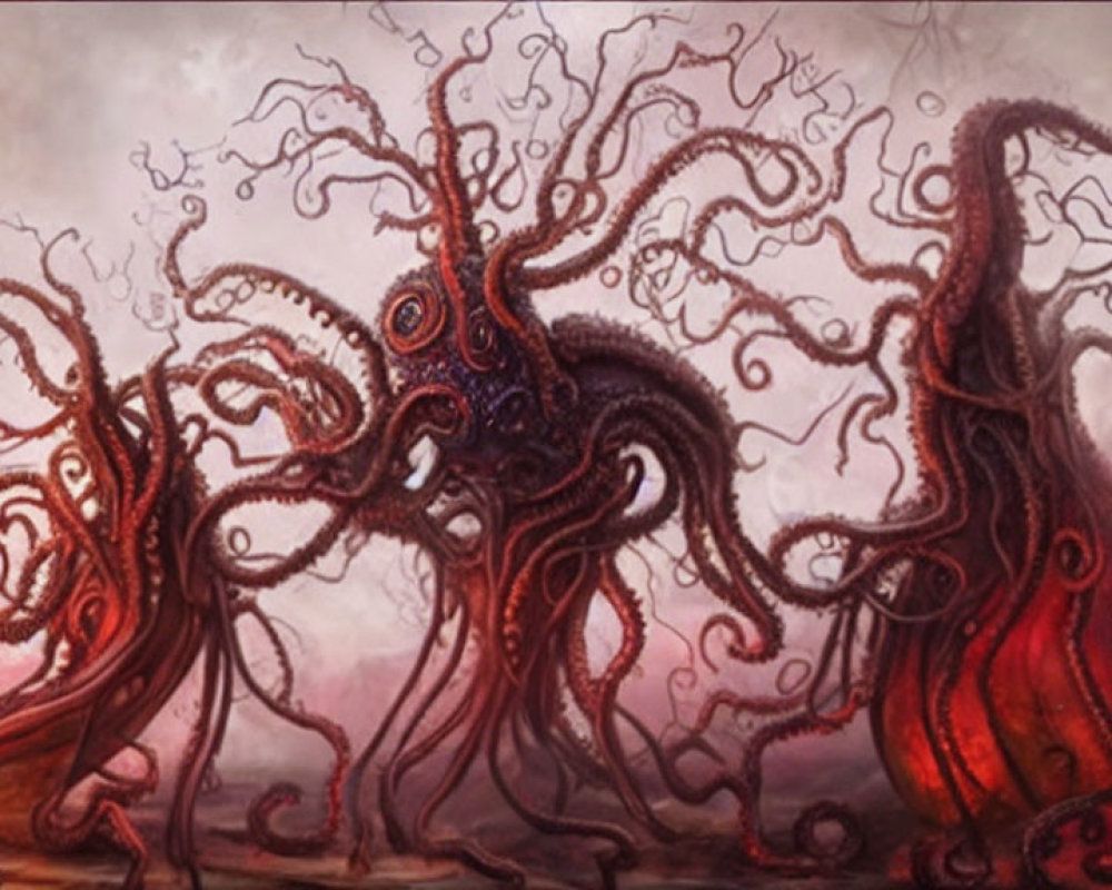 Intertwined tree-like tentacled entities in rich red and brown hues