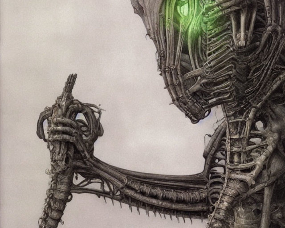 Detailed illustration of biomechanical entity with glowing green core