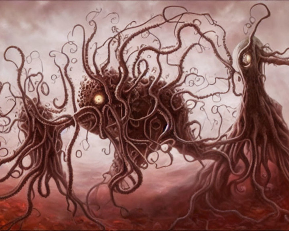 Surreal artwork: Central creature with tentacles in red, cloudy sky