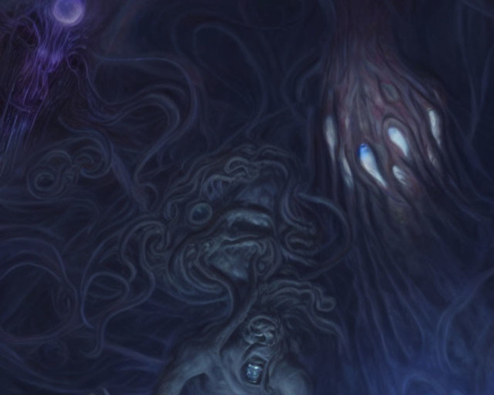 Ethereal ghost-like figure in dark blue surreal setting