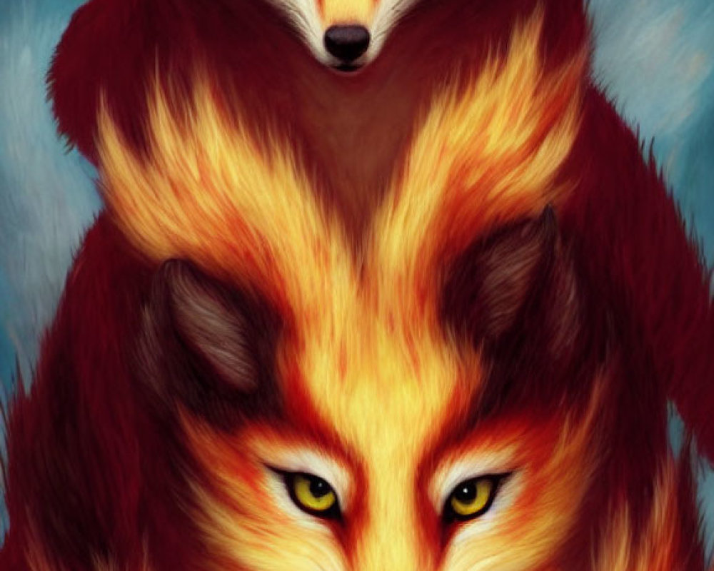 Stylized red foxes with intense yellow eyes on blue background