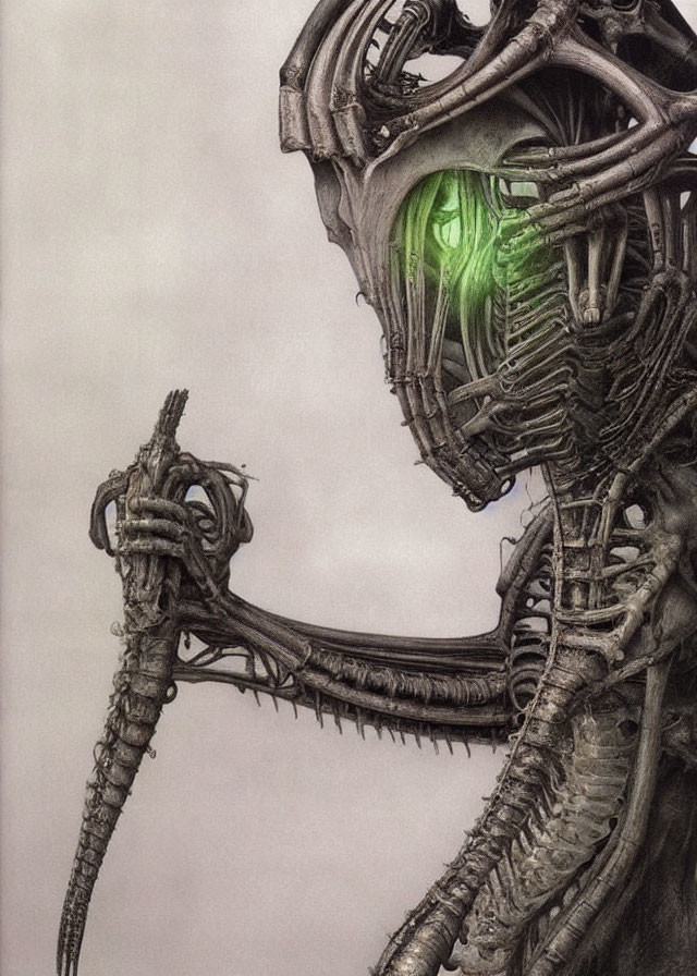 Detailed illustration of biomechanical entity with glowing green core