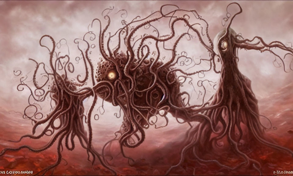 Surreal artwork: Central creature with tentacles in red, cloudy sky