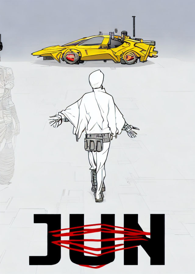 Person in white attire with holster belt faces yellow race car next to red "JUN" logo.