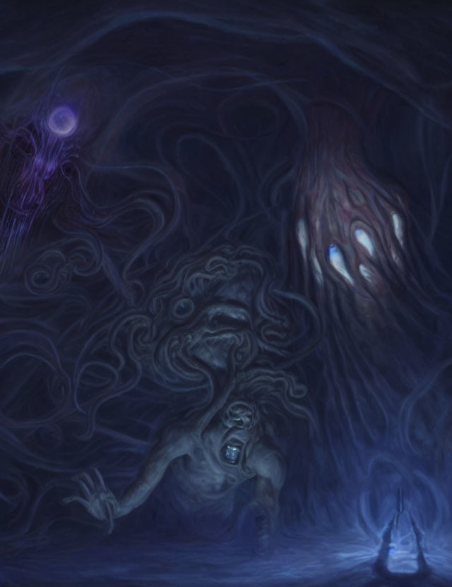 Ethereal ghost-like figure in dark blue surreal setting