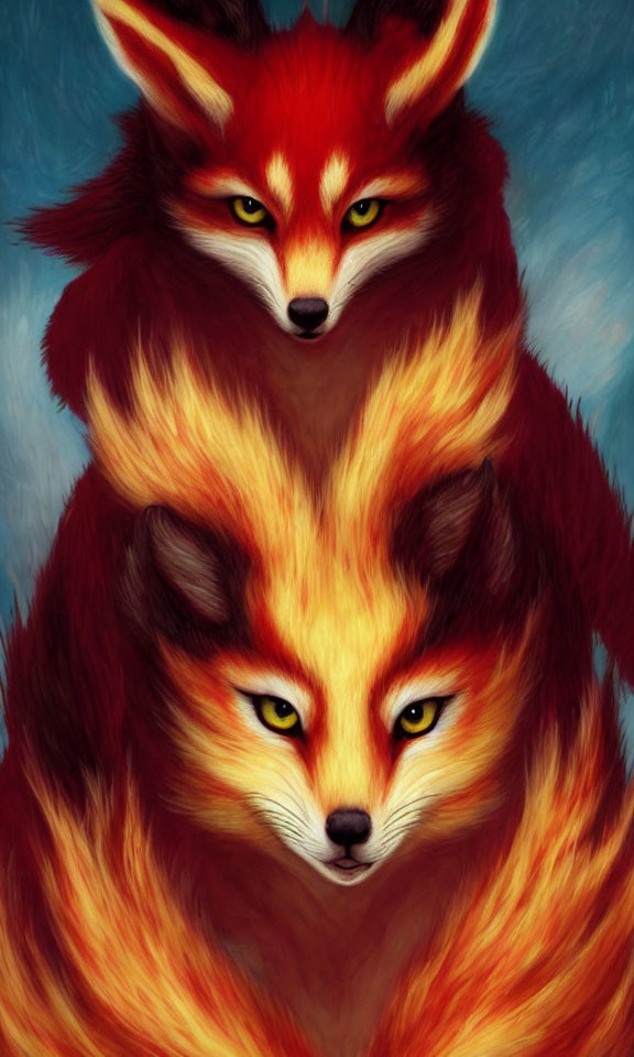 Stylized red foxes with intense yellow eyes on blue background