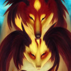 Stylized red foxes with intense yellow eyes on blue background