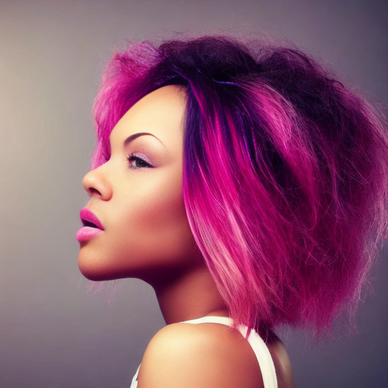 Bold Pink and Black Hairstyle with Pink Lipstick on Gradient Background