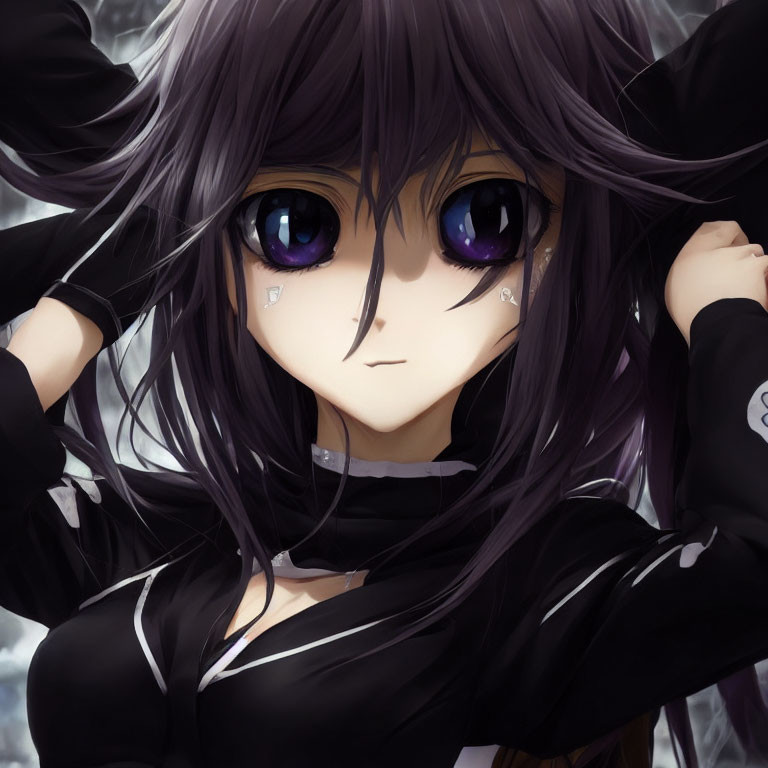 Female Anime Character with Long Purple Hair and Violet Eyes in Black Outfit