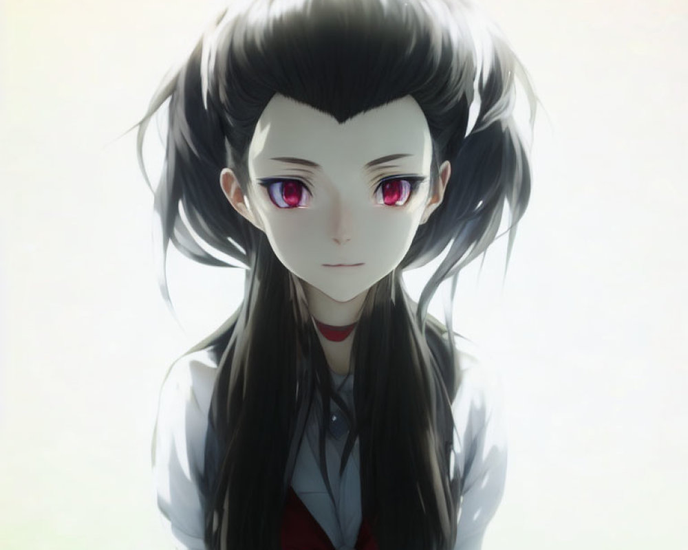 Digital artwork featuring girl with large red eyes, black hair, white shirt, and red bow tie