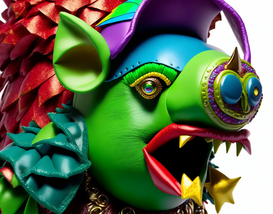 Whimsical creature with green skin, multiple eyes, red spikes, and purple hat