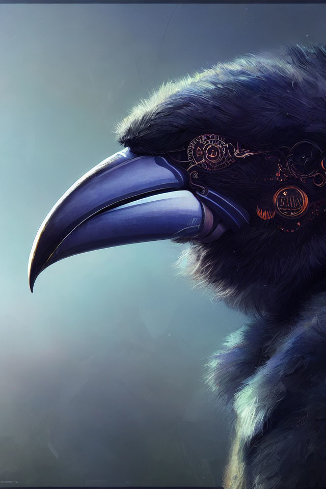 Digital artwork: Raven with mechanical gears, soft-focus background