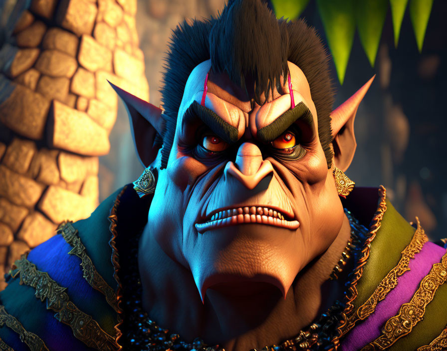 Fantasy orc character with tusks and tribal earrings in 3D-rendered image