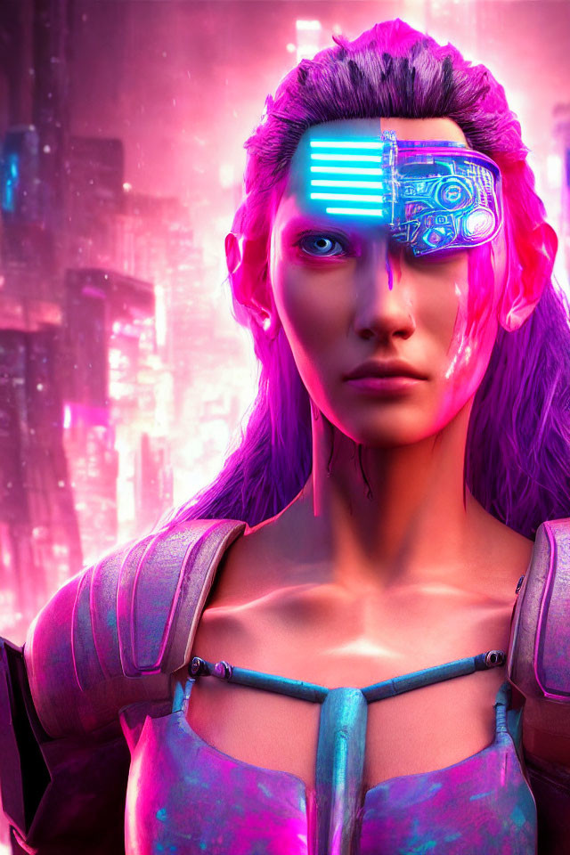 Female Cyborg with Glowing Blue Eye in Futuristic Cityscape