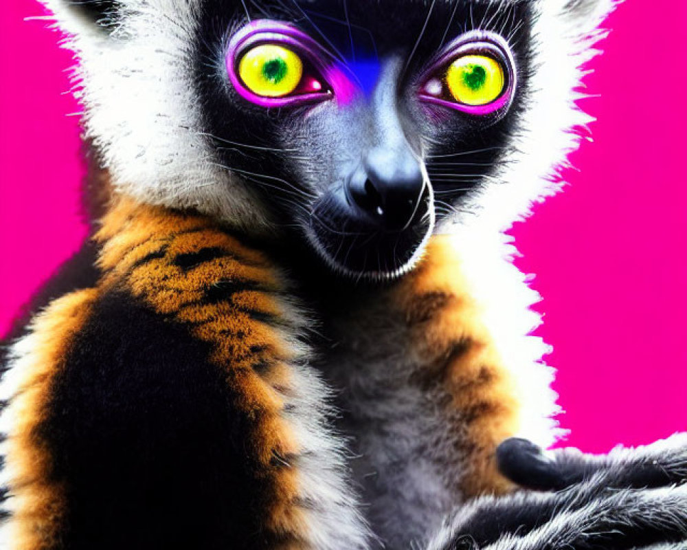 Ring-tailed lemur with yellow eyes on magenta background