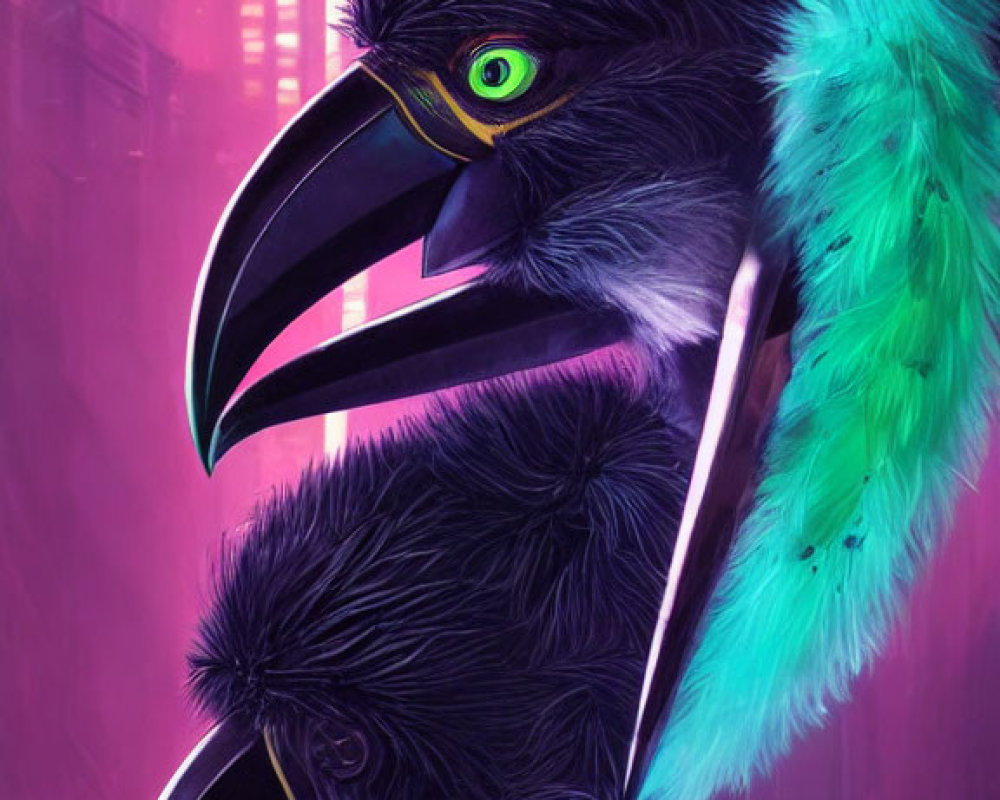 Colorful Digital Art: Black Bird with Green Highlights on Pink Background