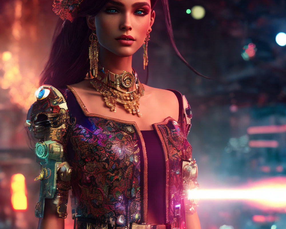 Female figure in gothic attire with cybernetic arms on neon background