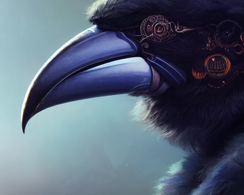 Digital artwork: Raven with mechanical gears, soft-focus background