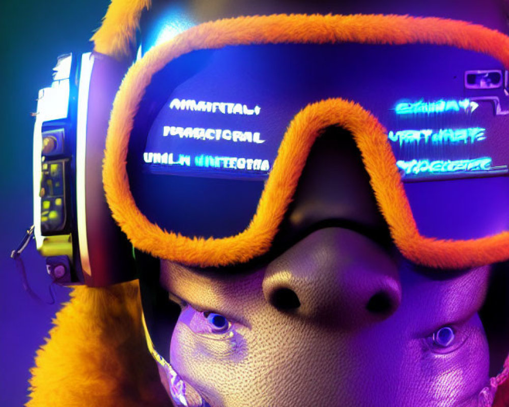 Purple-skinned stylized character in cyberpunk attire with orange fur and reflective goggles.